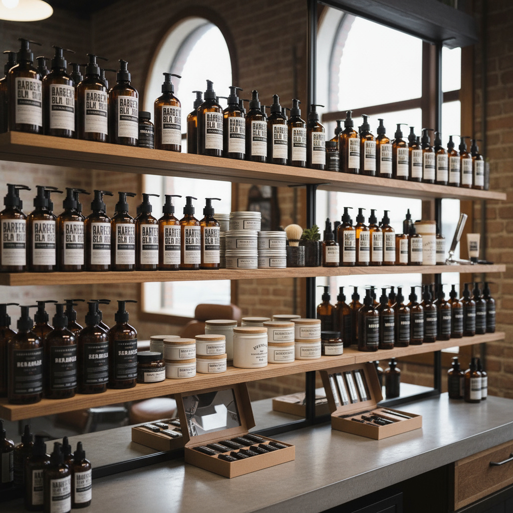 Schappen met verzorgingsproducten in de barbershop